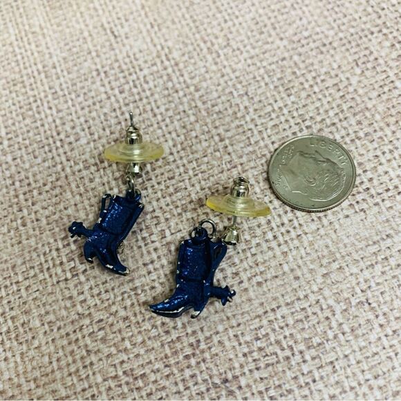 Blue Enamel Crystal Cowboy Boot Dangle Earrings - Picture 2 of 2